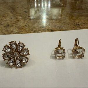 Kate Spade Gold-Tone Clear Crystal Flower Ring with Matching Drop Earrings